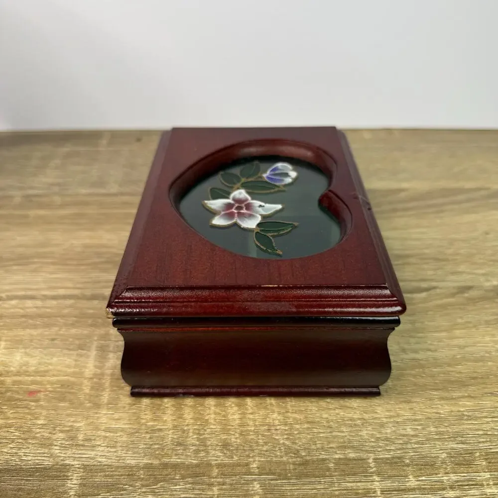 Vintage Cherry Wood Ornate Trinket Box Storage Display Floral